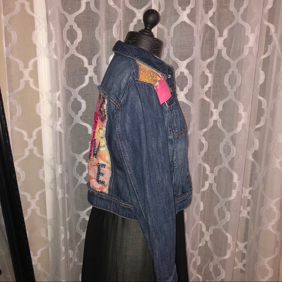 Upcycled Hippie Boho Patchwork Dark Denim Jacket - Picture 8 of 15